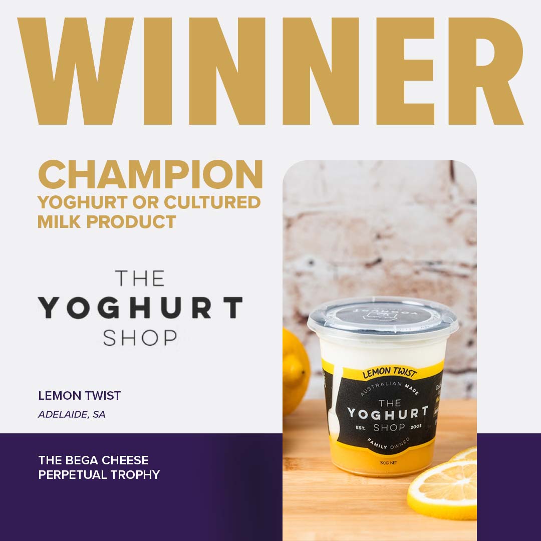 A tub of yoghurt with black packaging, awarded Champion Yoghurt or Cultured Milk Product, Bega Cheese Perpetual Trophy at the SYdney Royal Cheese and Dairy Show.