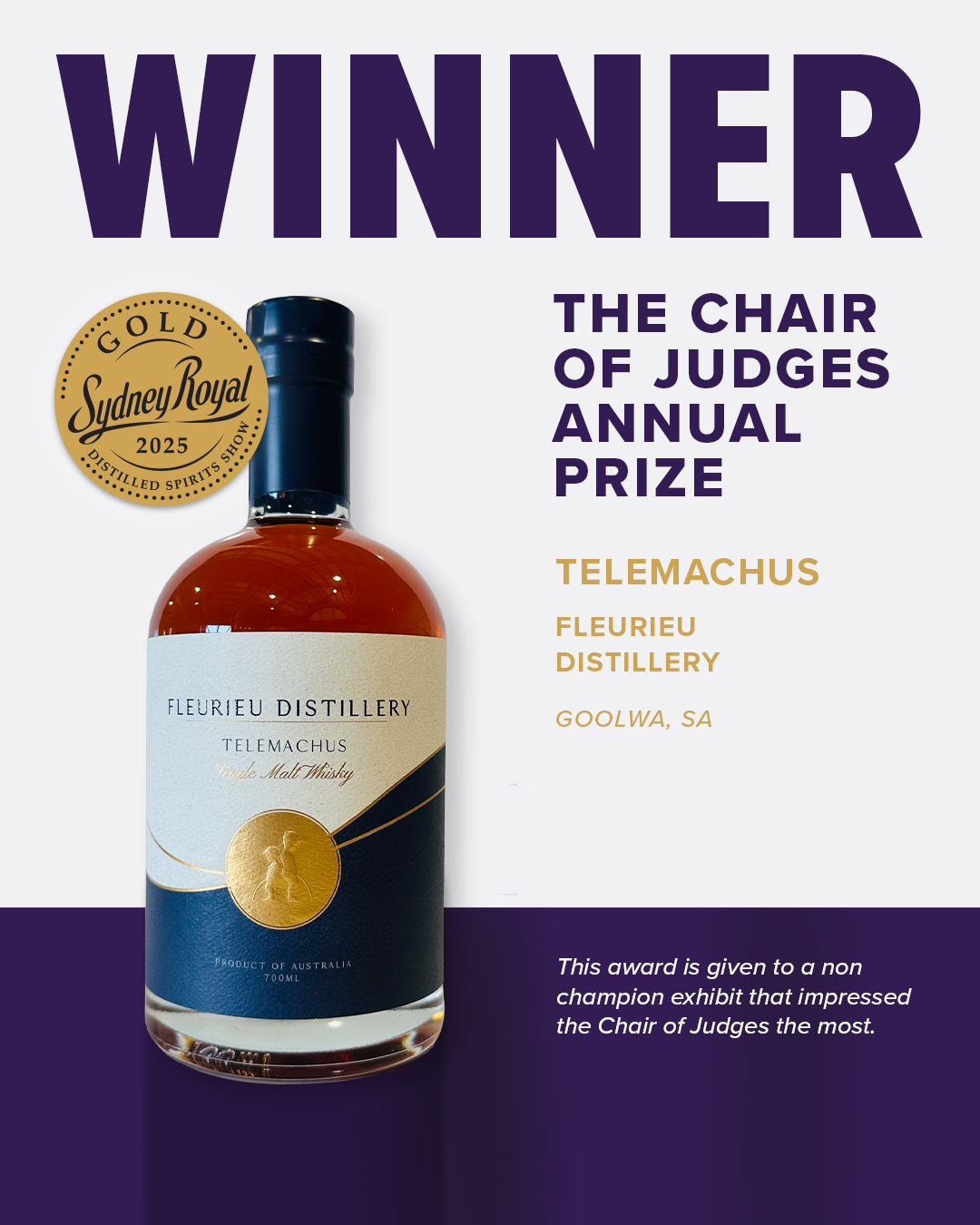 Golden whisky bottle with a navy blue wax cap, and a blue, white and gold label, awarded Sydney Royal Distilled Spirits 2025 Winner.