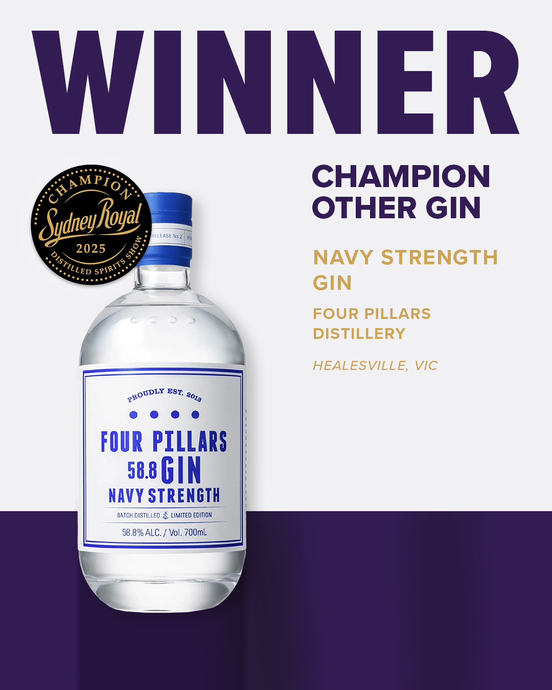 Clear bottle with a white label displaying bold navy lettering, awarded 2025 Sydney Royal Distilled Spirits Winner.