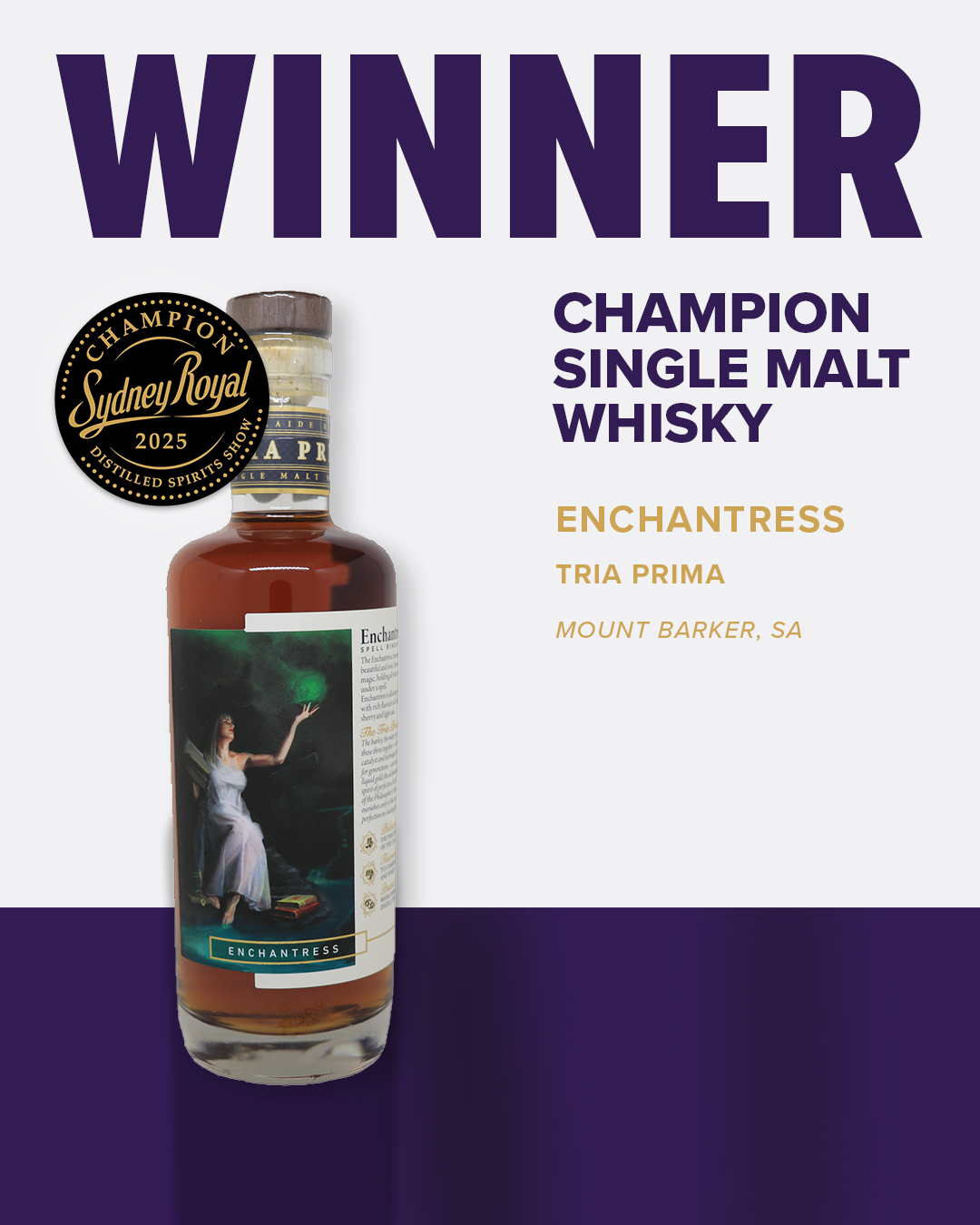 Amber-coloured spirit in clear bottle with illustrated label of woman holding green orb, awarded 2025 Sydney Royal Distilled Spirits Winner.