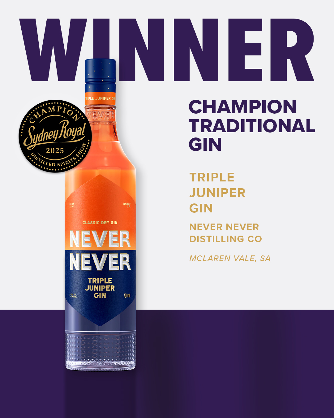 Tall bottle with bright orange and deep blue diamond-shaped label, sleek modern design, awarded 2025 Sydney Royal Distilled Spirits Winner.