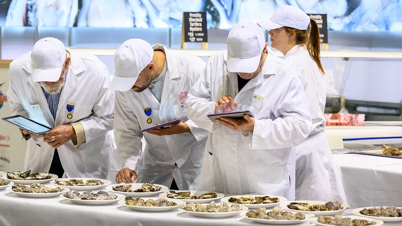 Food judges in white coats assessing plates of oysters and recording notes on digital tablets at the Sydney Royal Food Sensory Training Course.